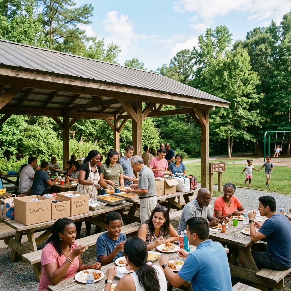 Diverse community members gathered at a park pavilion for a community potluck and service event in Alpharetta