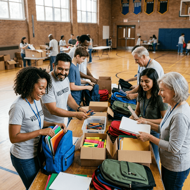 Volunteers sorting school supplies for students