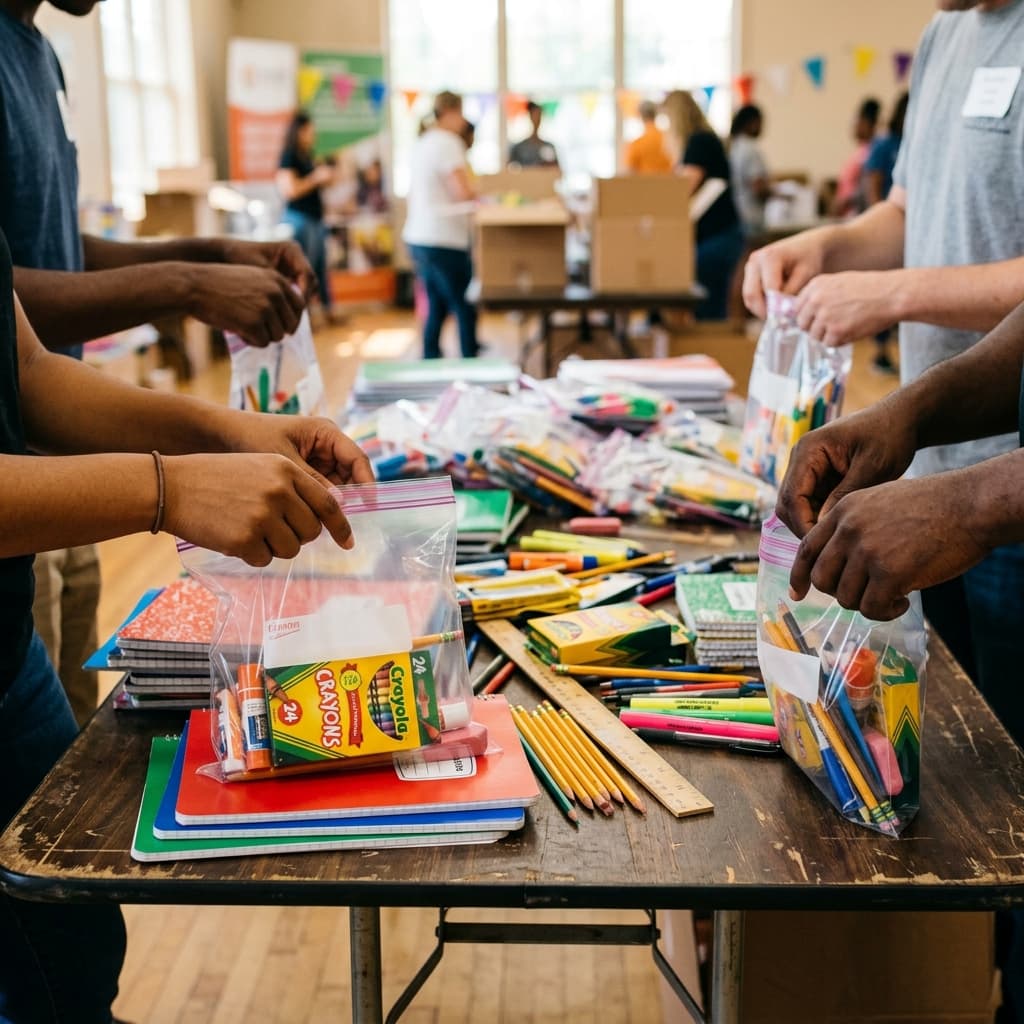 Volunteers assembling back-to-school supply kits with notebooks, crayons, and pencils