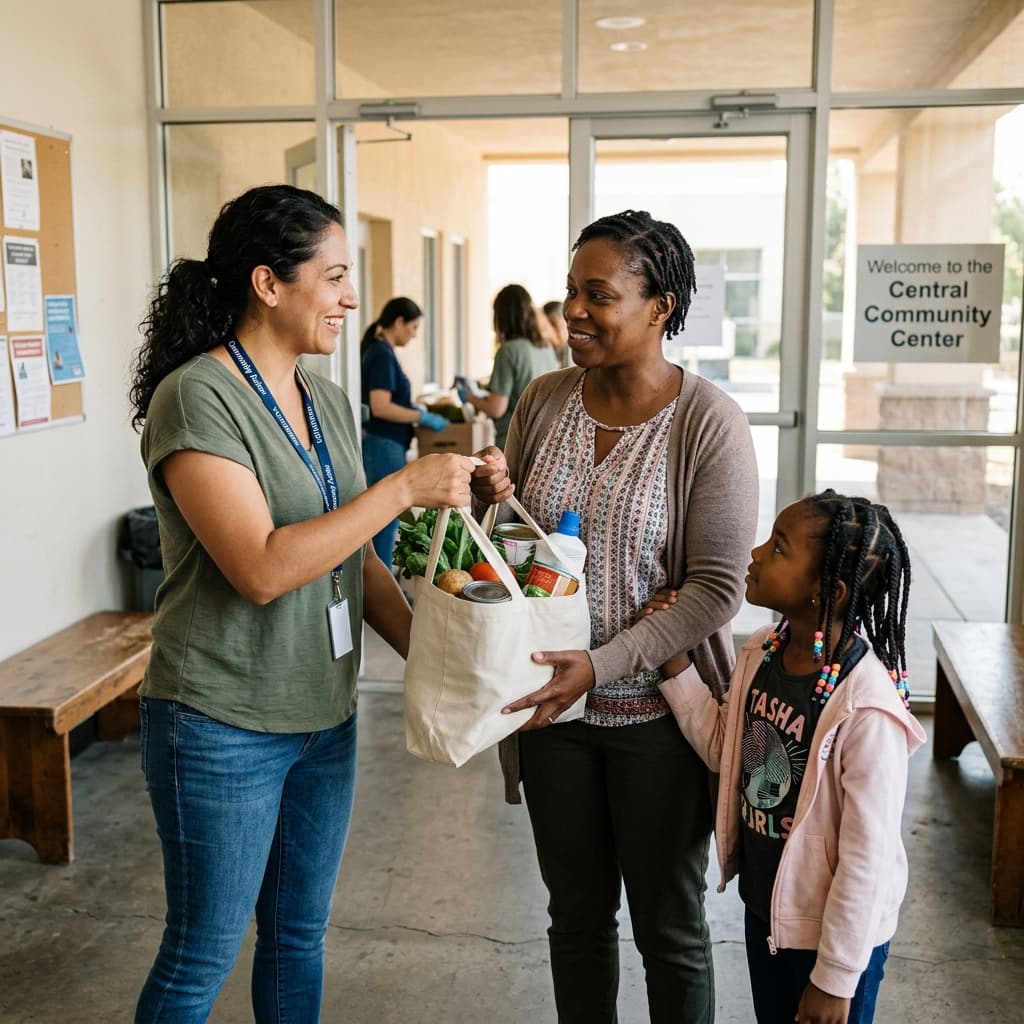 Volunteer handing a bag of groceries and supplies to a mother and her child at a community center