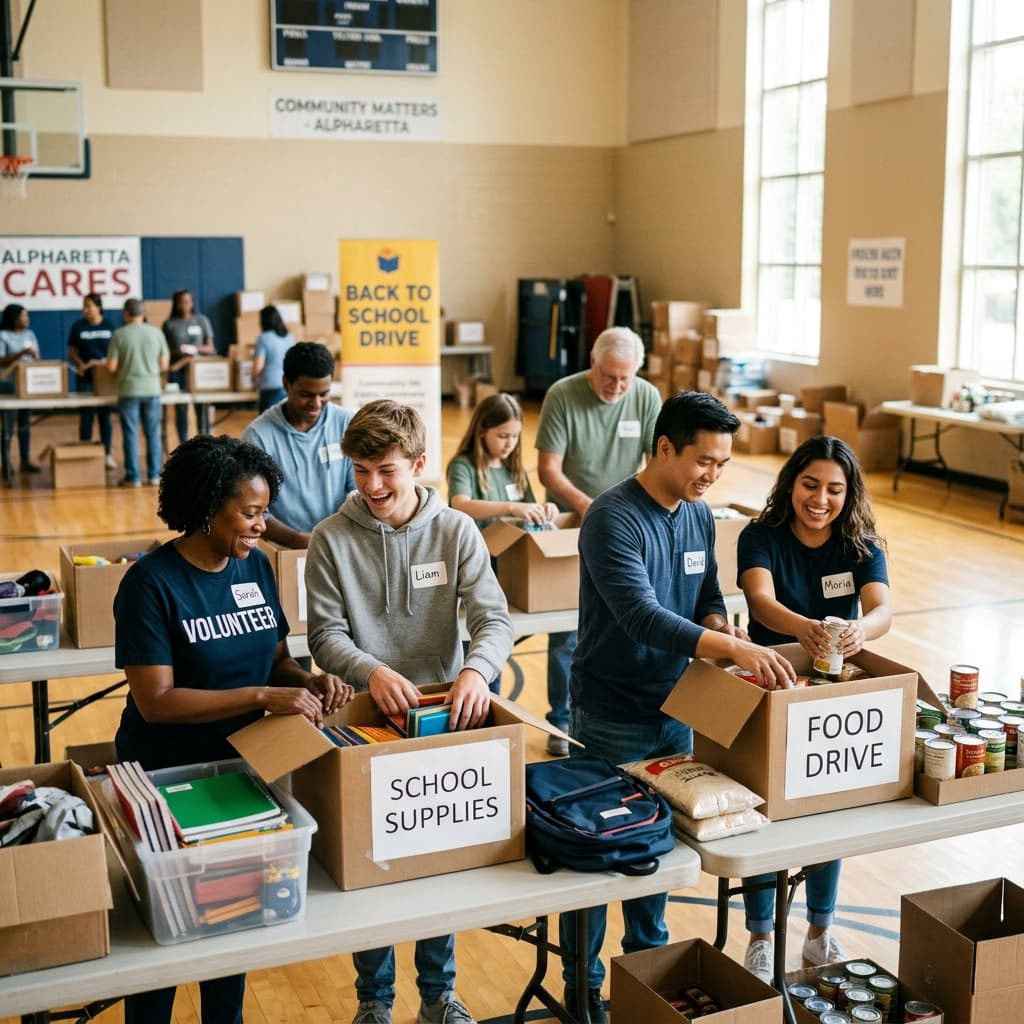 Diverse volunteers sorting school supplies and food at a community drive in Alpharetta, Georgia