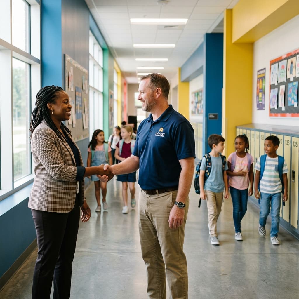 School counselor and community partner shaking hands in an elementary school hallway with students in background