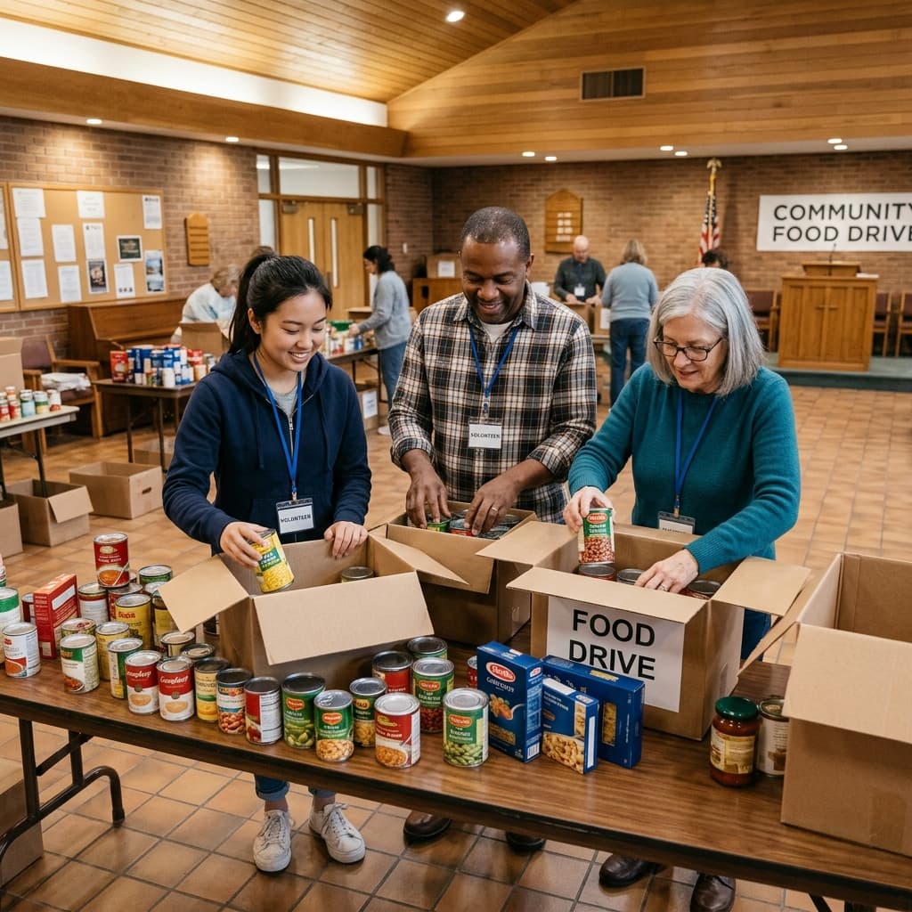 Diverse volunteers sorting canned goods at a community food drive